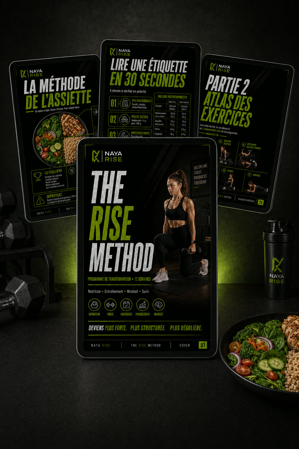Aperçu premium de THE RISE METHOD sur tablette, avec des pages du programme